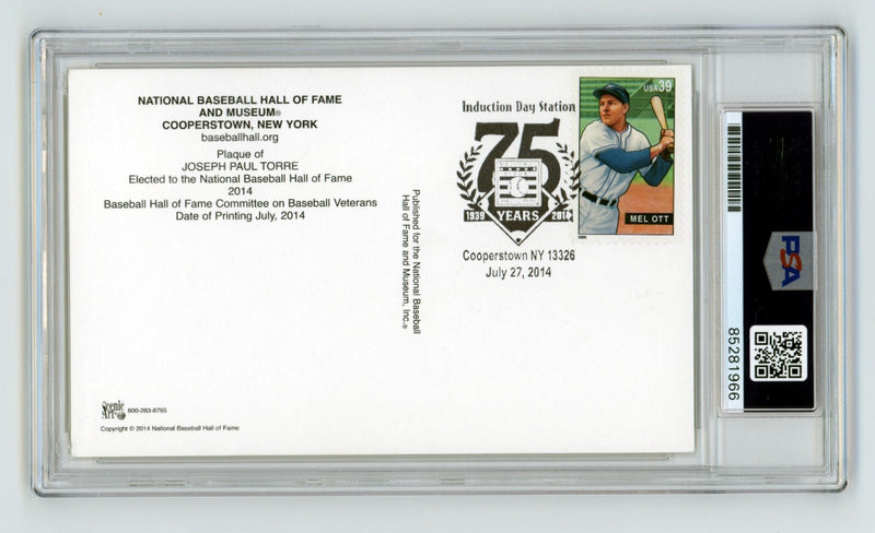 Joe Torre Signed Yellow HOF Plaque Post Card w/ Induction Day Stamp PSA 10 Auto