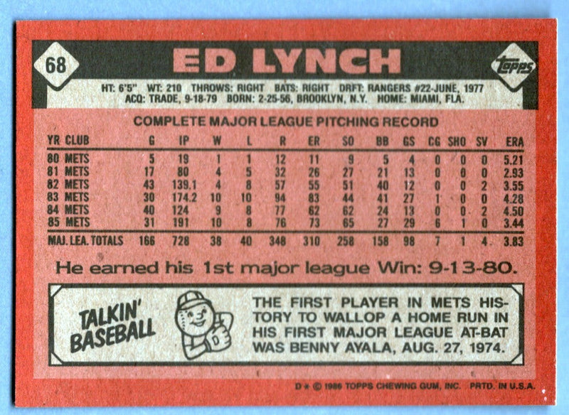 Ed Lynch Signed 1986 Topps #68 w/ 86 WSC LSCM COA New York Mets