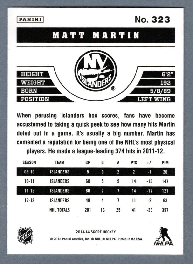 Matt Martin Signed 2013-14 Panini Score Hockey #323 LSCM COA New York Islanders