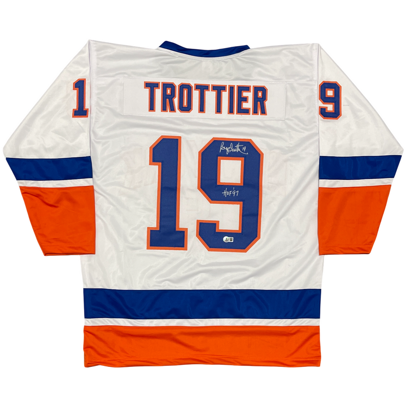 Bryan Trottier Signed Islanders Custom Jersey w/ HOF 97 Beckett Witness BAS COA