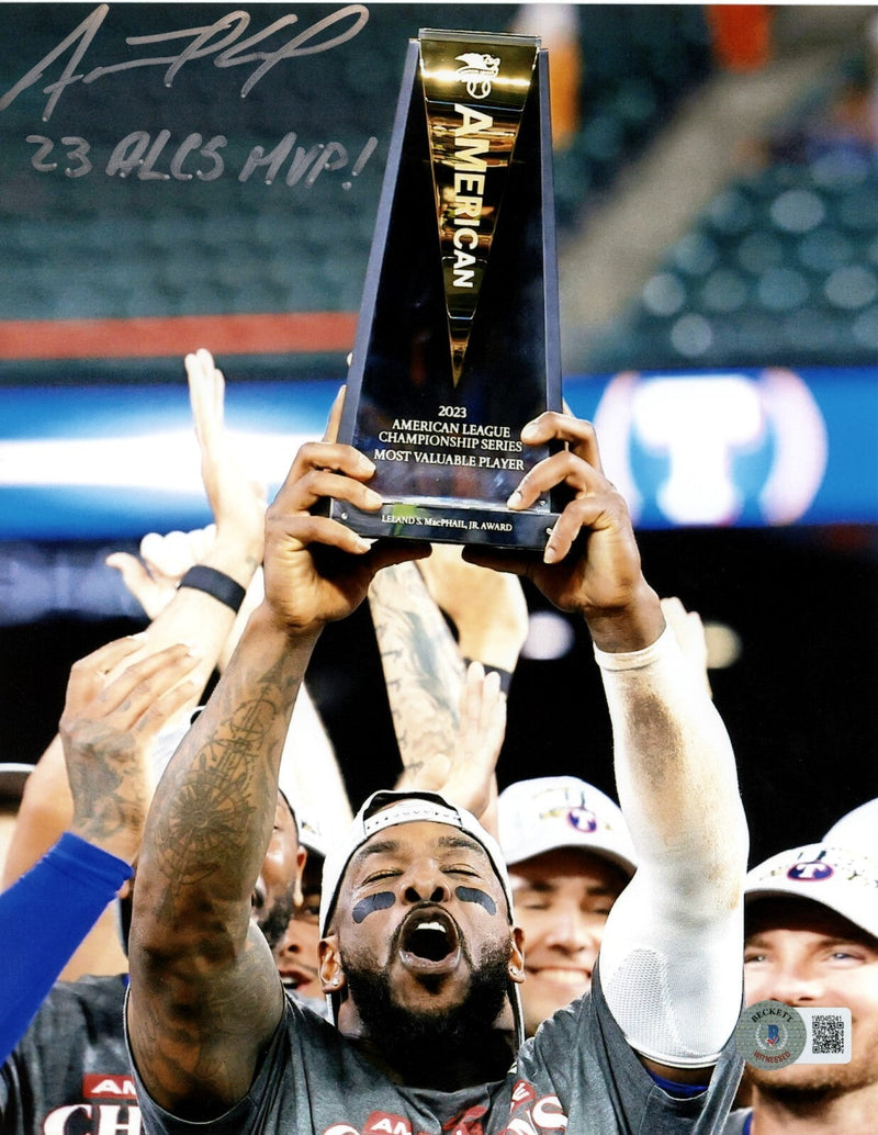 Adolis Garcia Signed Rangers 8x10 Photo w 23 ALCS MVP Beckett Witness BAS COA #3