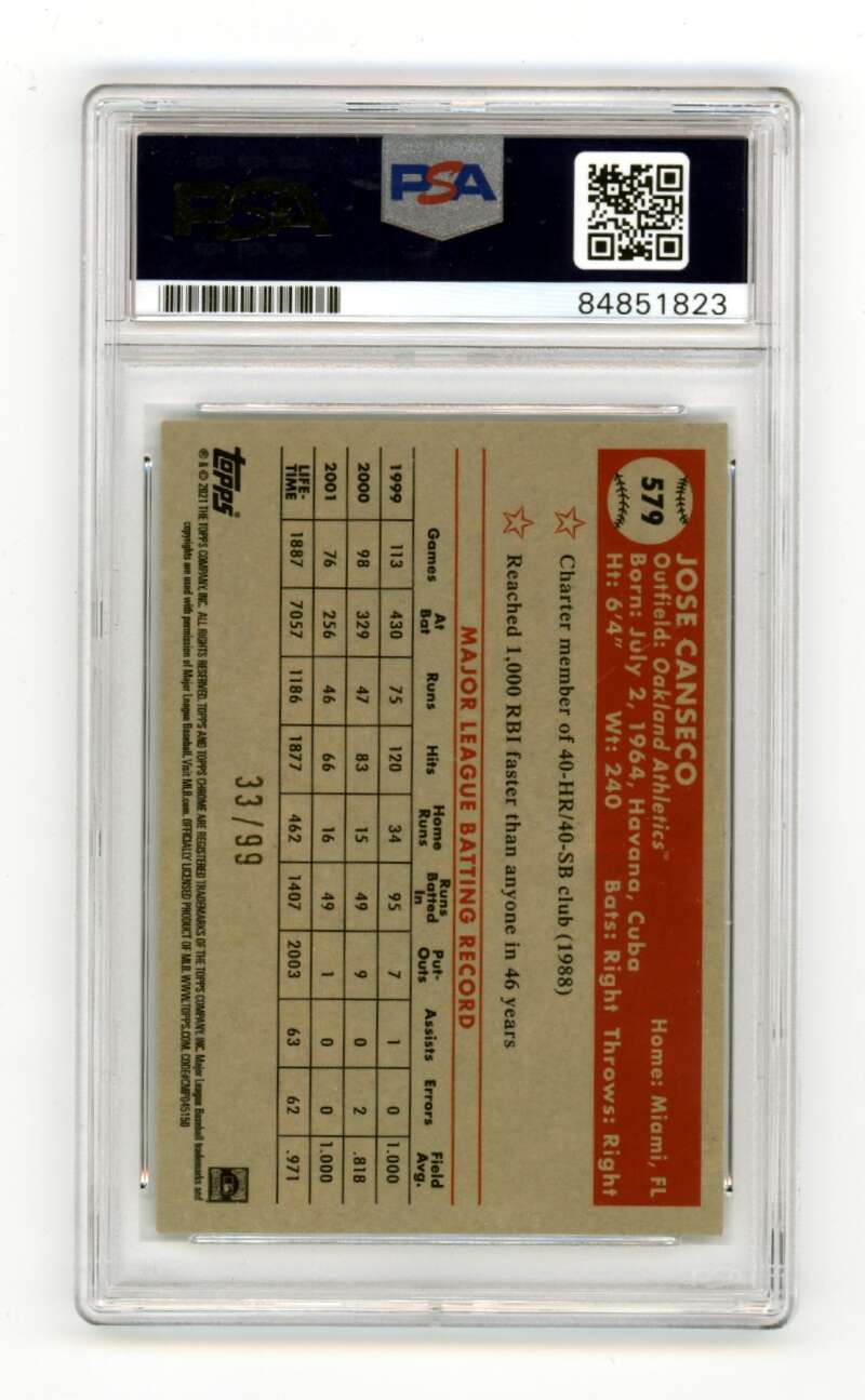 Jose Canseco 2021 Topps Chrome Platinum 579 Green JERSEY # 33/99 Signed PSA Auto