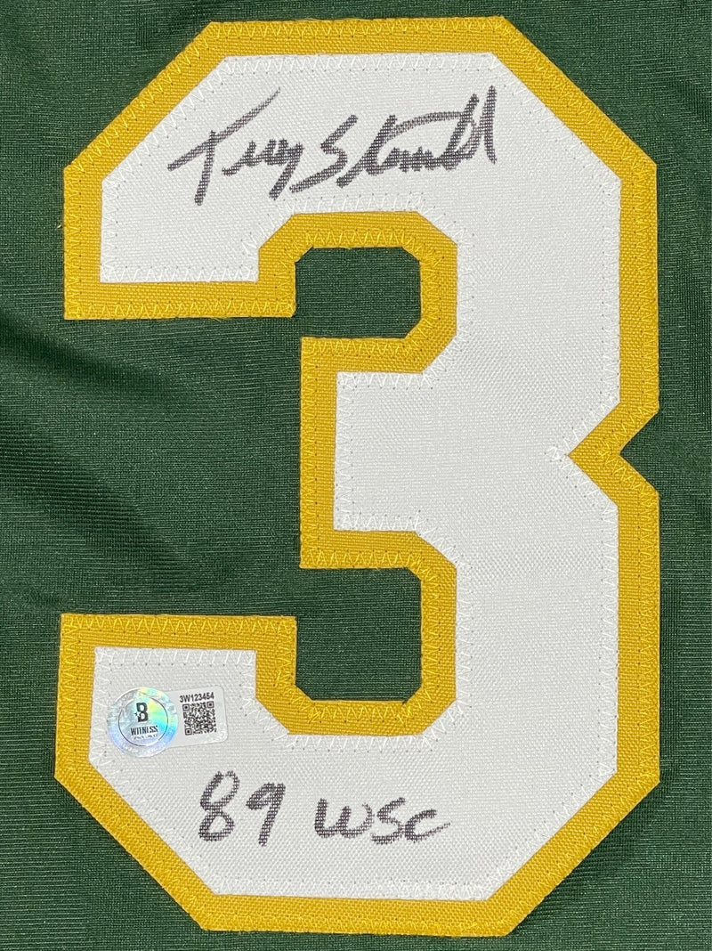 Terry Steinbach Signed Athletics Custom Jersey w/ 89 WSC Beckett Wit BAS COA