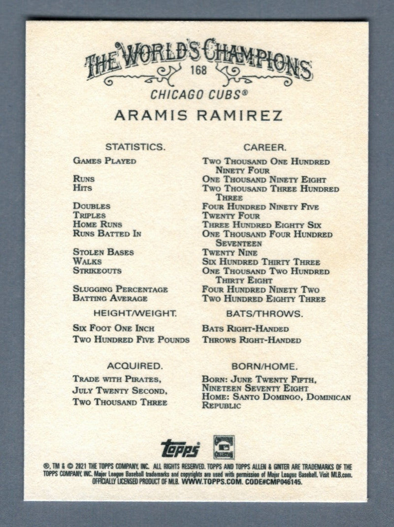 Aramis Ramirez Signed 2021 Topps Allen & Ginter #168 LSCM COA Chicago Cubs