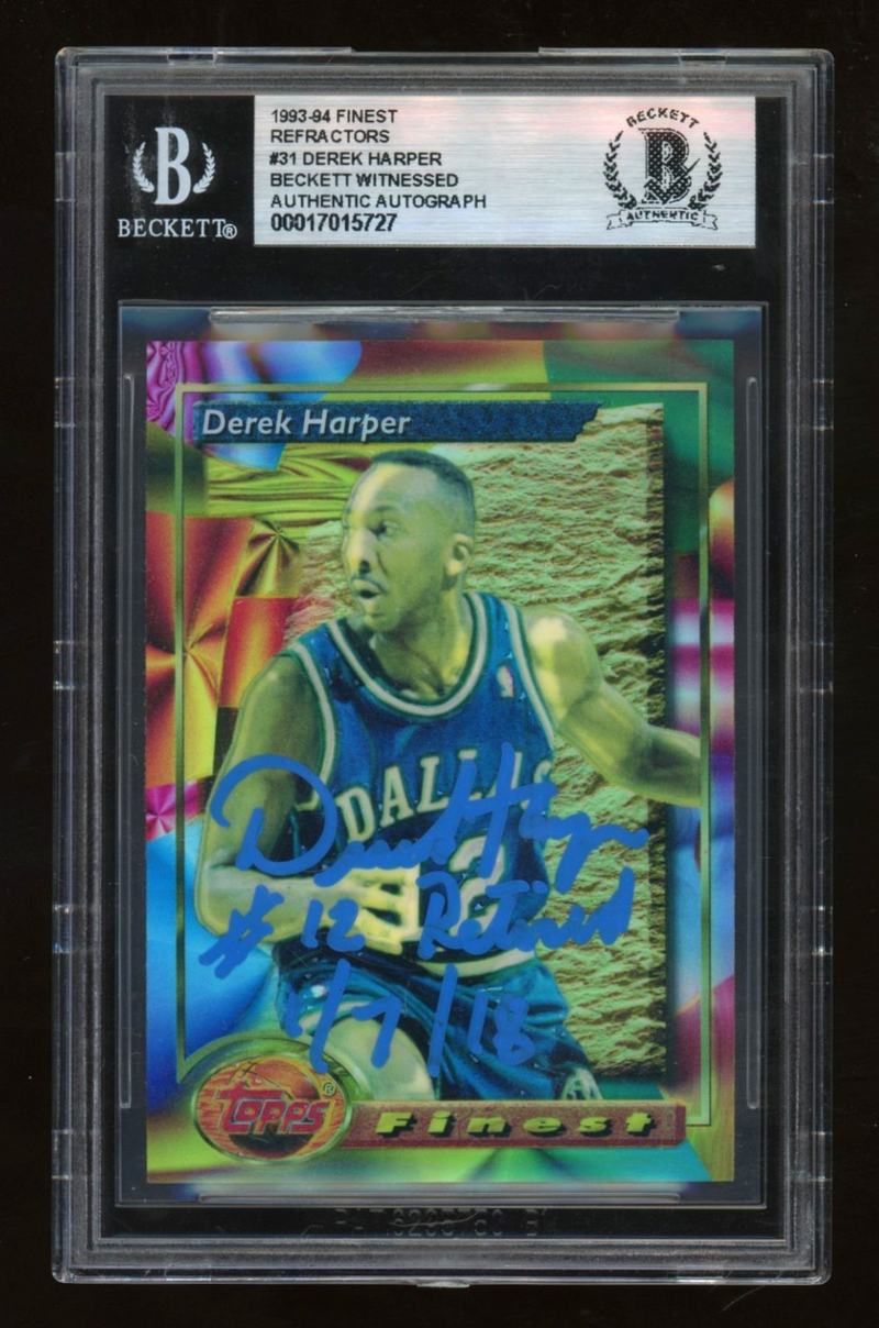Derek Harper 1993-94 Finest Refractor #31 Signed #12 Retired Insc BGS BAS Auto