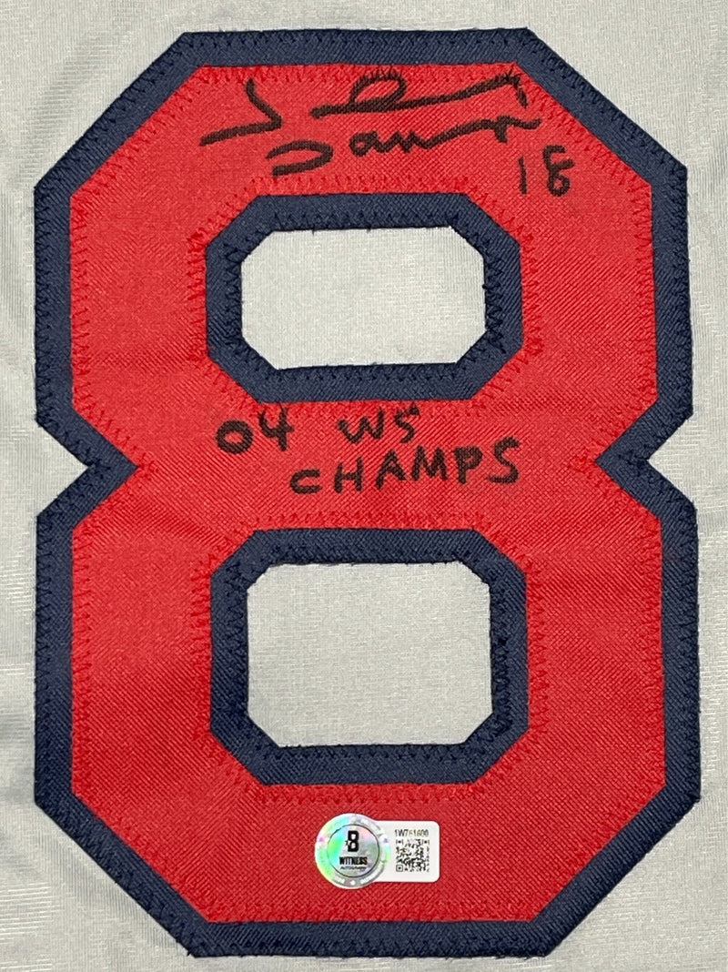 Johnny Damon Signed Red Sox Custom Jersey w/ 04 WS Champs Beckett Wit BAS COA