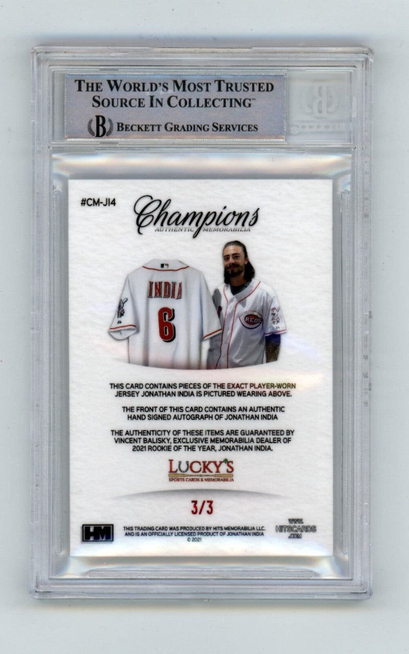 Jonathan India 2021 Hits Memorabilia Champions Red Majestic Tag Patch Auto RC /3