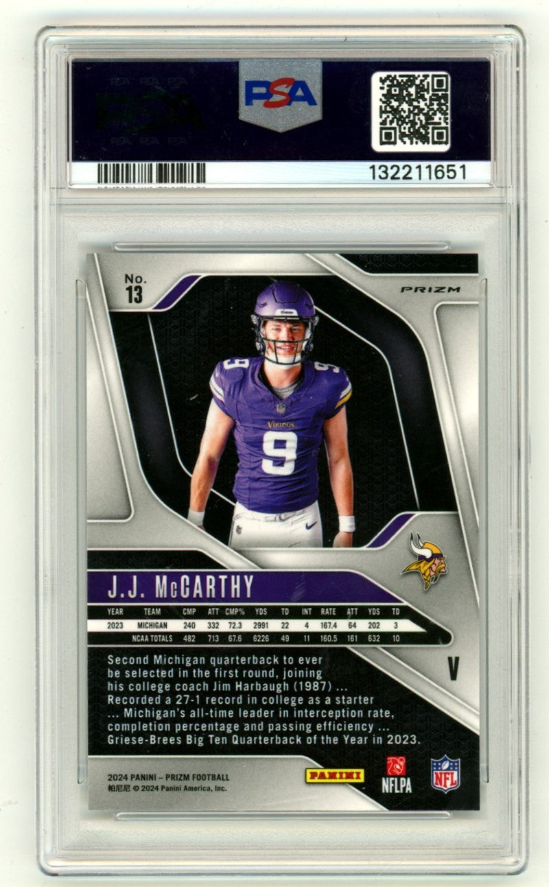 J.J. McCarthy 2024 Panini Prizm #13 Silver Rookie Variation Signed RC PSA Auto