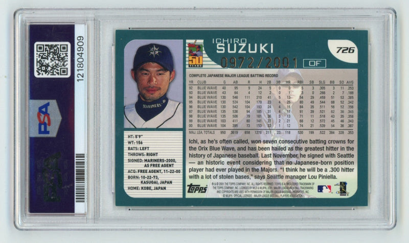 Ichiro Suzuki 2001 Topps 726 Signed Gold #/2001 Rookie RC w/ 2 Insc PSA Auto HOF