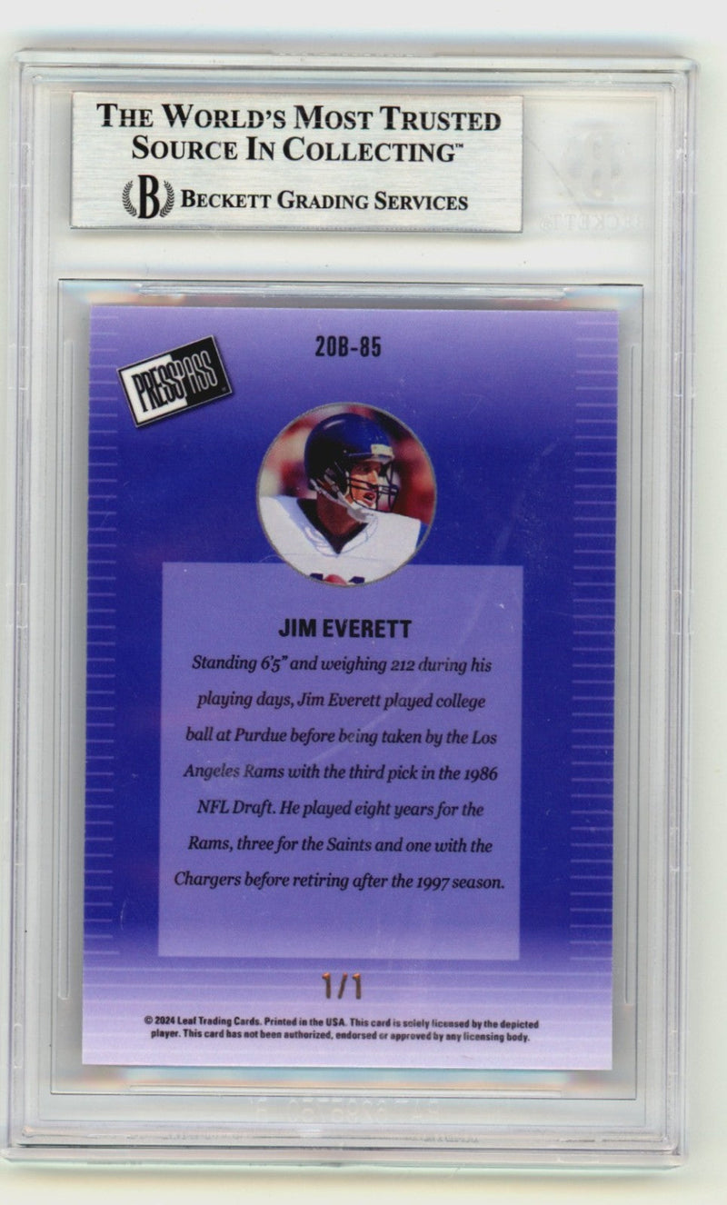 Jim Everett 2024 Leaf Press Pass Signed Shimmer Purple 1/1 w/ Insc. BGS BAS Auto