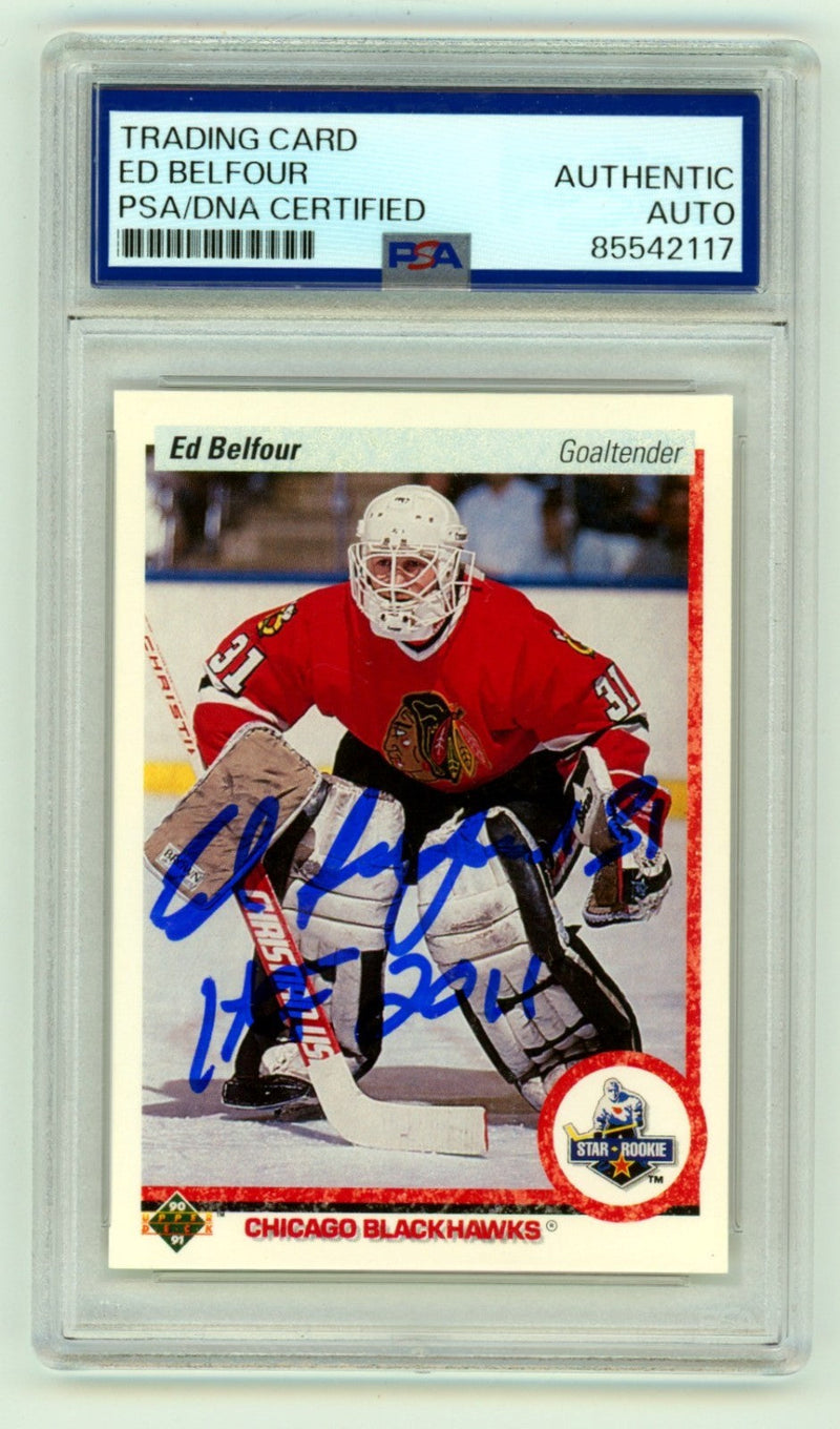 Ed Belfour 1990-91 Upper Deck #55 Signed Rookie RC w/ HOF 2011 Ins PSA Auto