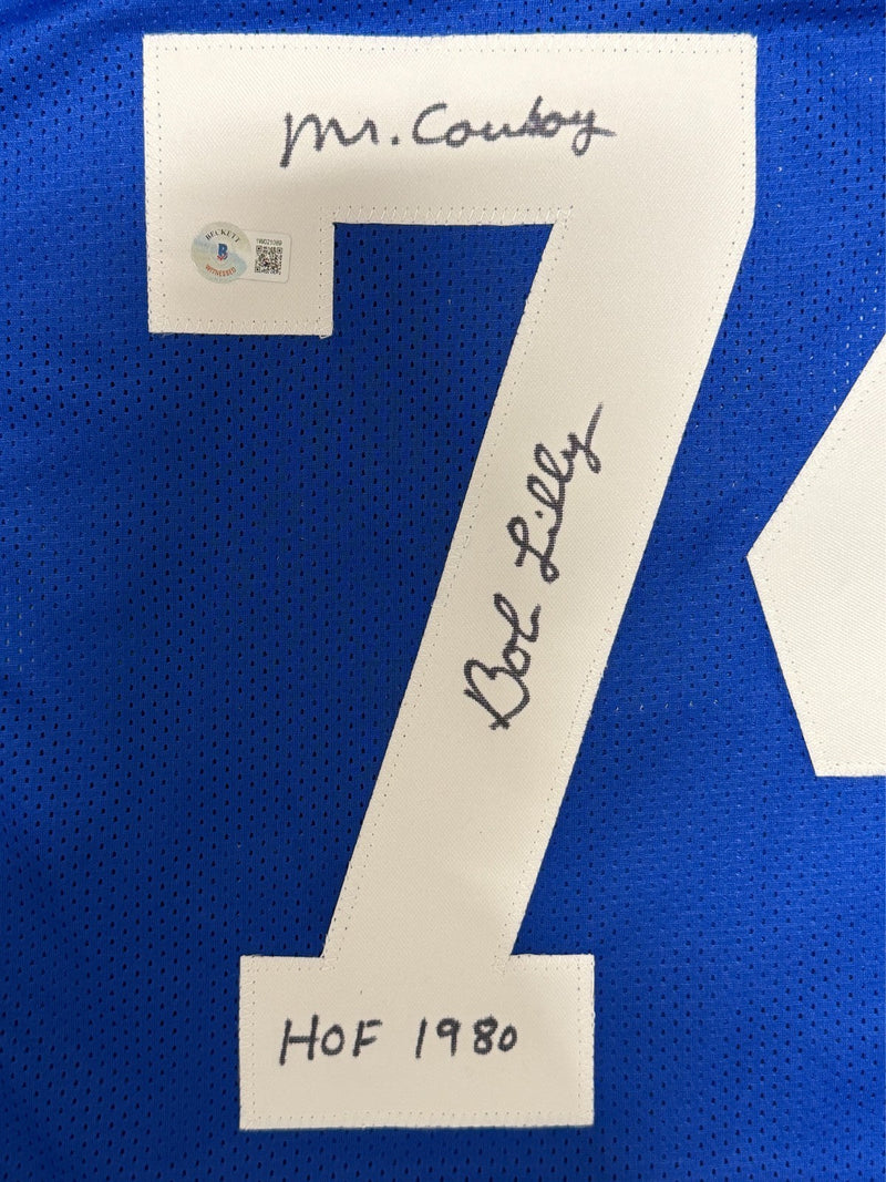 Bob Lilly Signed Dallas Cowboys Custom Jersey w/ 2 Insc Beckett Witness BAS COA