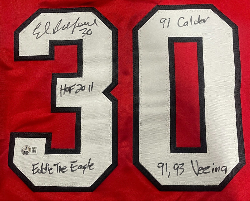 Ed Belfour Signed Chicago Blackhawks Custom Jersey w/ 4 Insc Beckett Wit BAS COA