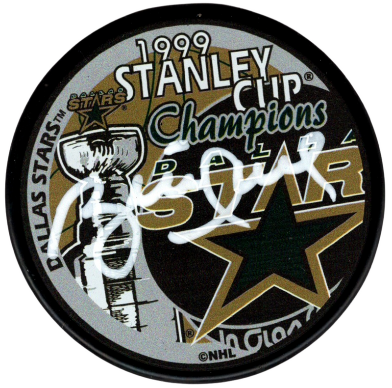 Brett Hull Signed 1999 Stanley Cup Dallas Stars Puck Beckett Witness BAS COA
