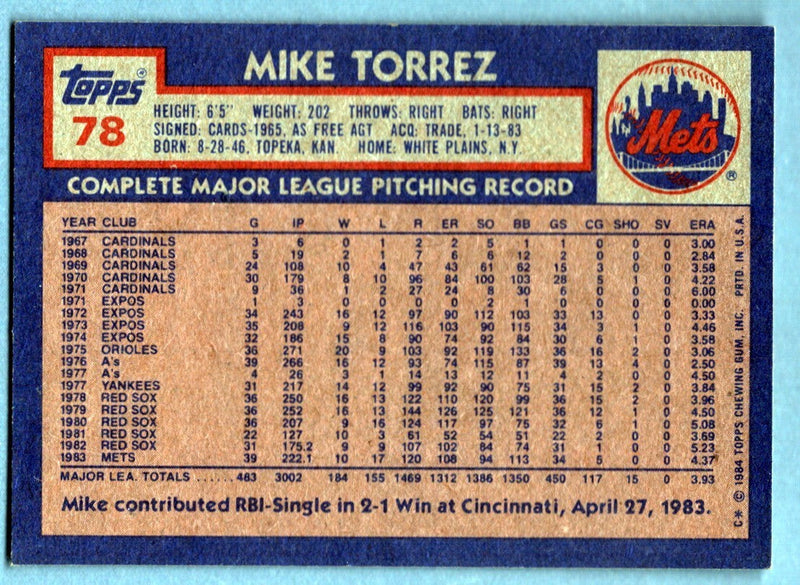 Mike Torrez Signed 1984 Topps #78 LSCM COA New York Mets