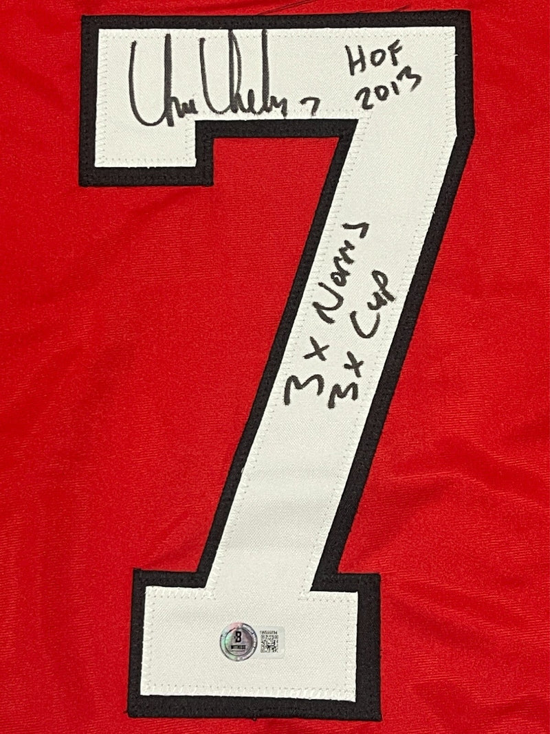 Chris Chelios Signed Blackhawks Custom Jersey w/ 3x Ins Beckett Wit BAS COA