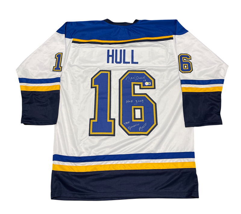 Brett Hull Signed Auto Blues Custom Jersey w/ 2 Insc Beckett Witness BAS COA