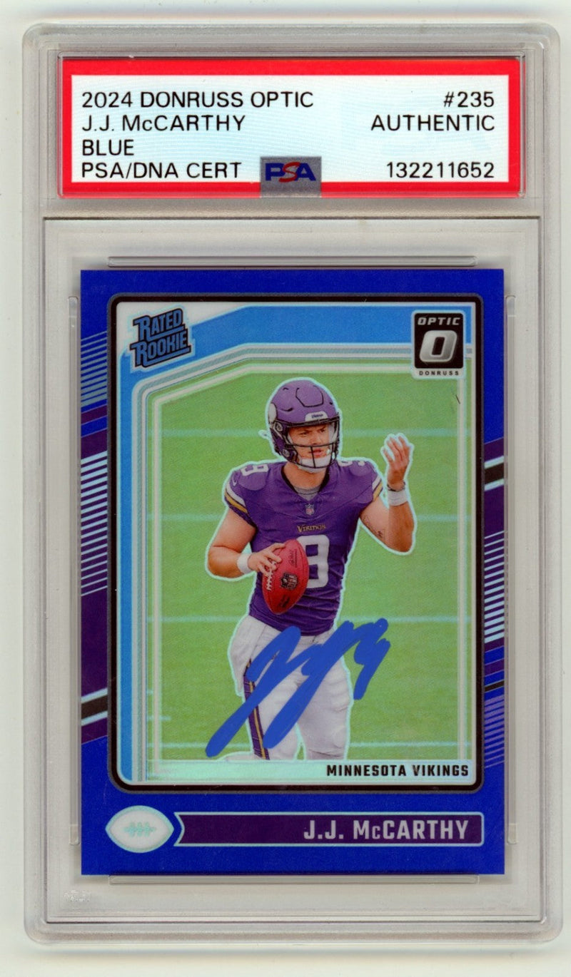 J.J. McCarthy 2024 Donruss Optic Blue Prizm Signed Rated Rookie RC /199 PSA Auto