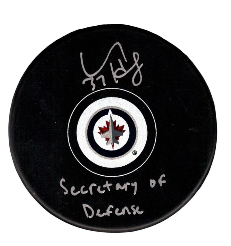 Connor Hellebuyck Signed Jets Logo Puck Secretary of Defense Insc. Fanatics COA