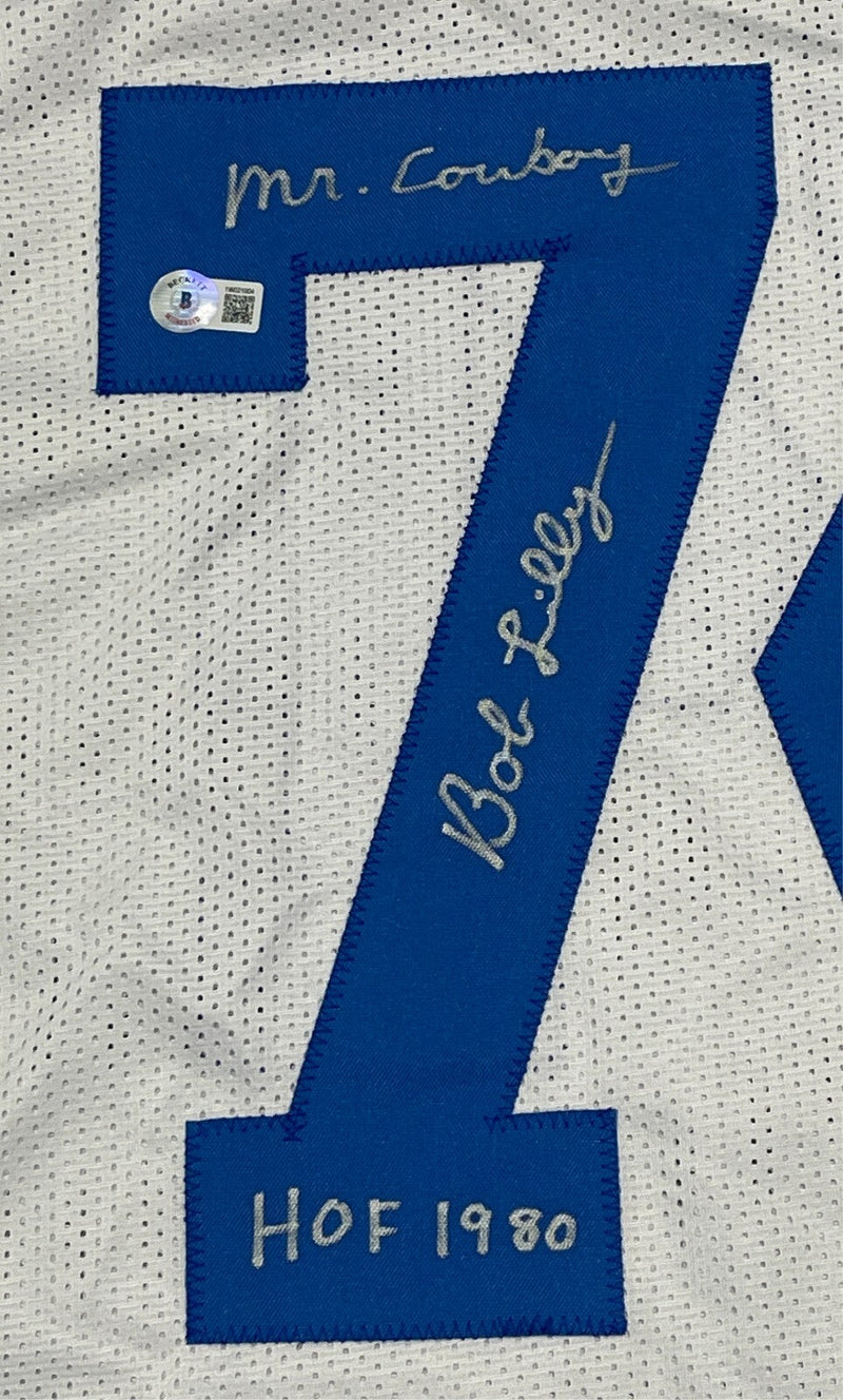 Bob Lilly Signed Dallas Cowboys Custom Jersey w/ 2 Ins Beckett Witness BAS COA