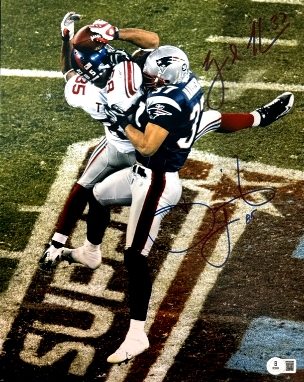 David Tyree & Rodney Harrison Dual Signed 11x14 Photo Beckett Witness BAS COA