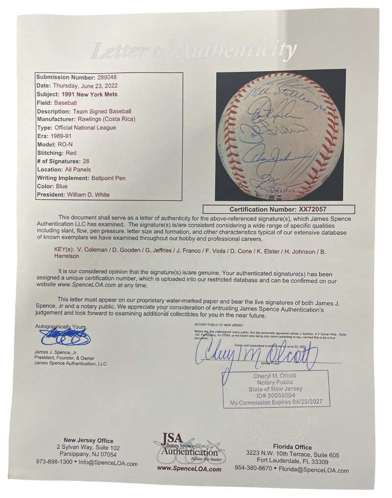 1991 New York Mets Team Signed Autograph ONL National League Baseball JSA LOA A