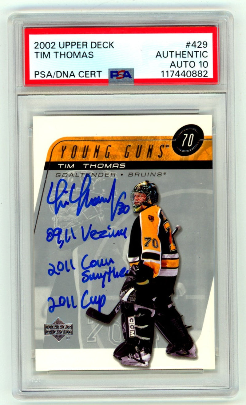 Tim Thomas 2002-2003 Upper Deck #429 Young Guns Signed w/ 3 Insc. PSA 10 Auto