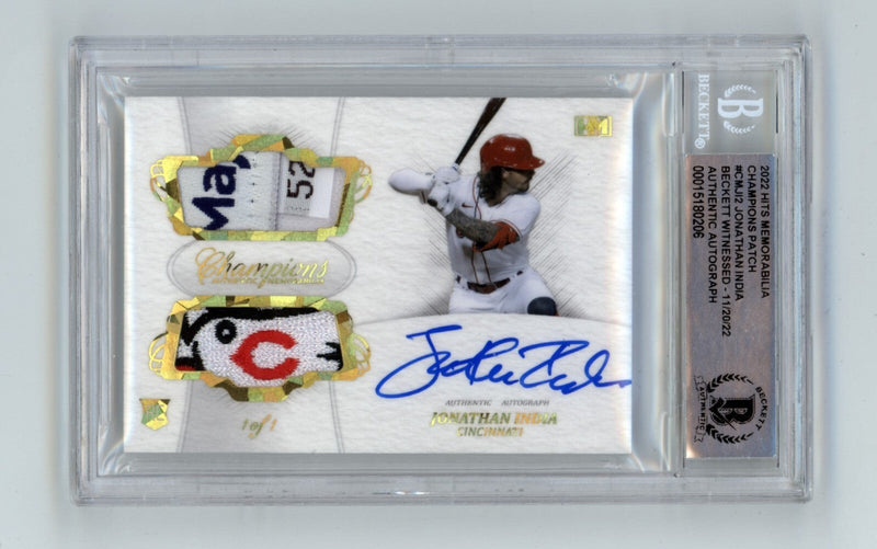 Jonathan India 2021 Hits Memorabilia Champions Gold Patch Dual Auto #1/1 RC BGS