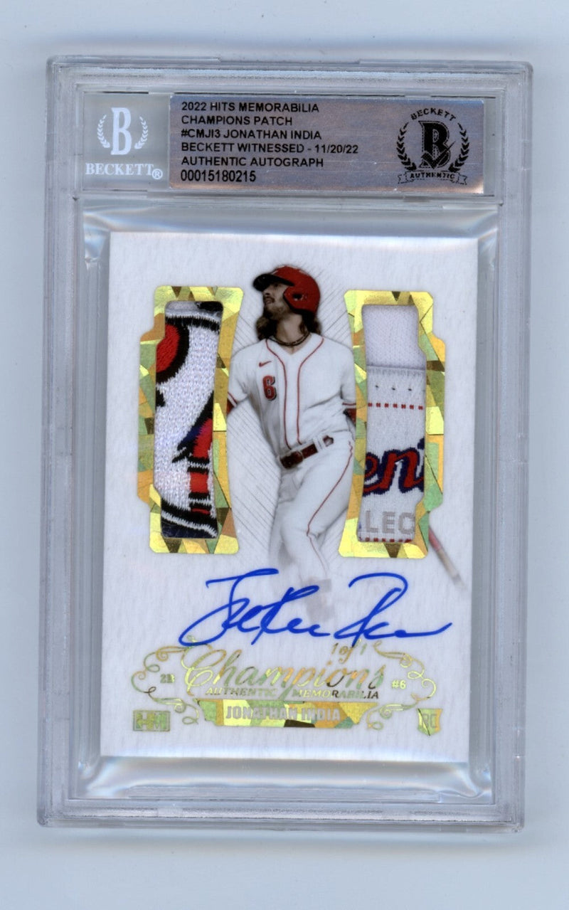 Jonathan India 2021 Hits Memorabilia Champions Gold Patch Dual Auto 1/1 RC BGS V