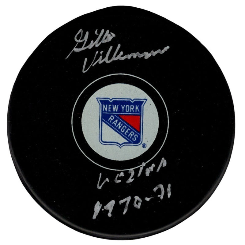 Gilles Villemure Signed New York Rangers Logo Puck w/ 1970-71 Vezina PSA COA