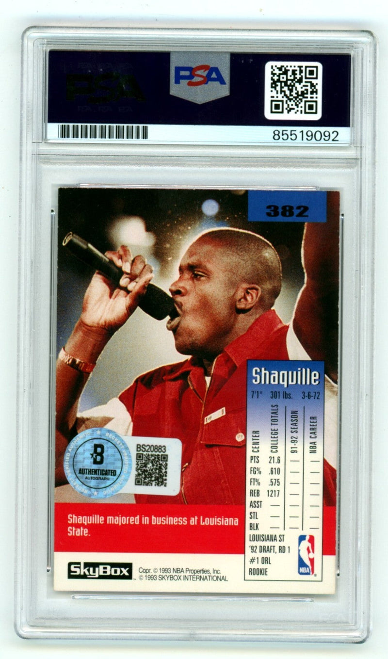 Shaquille O'Neal 1992-93 Skybox #382 Rookie RC Signed PSA 9 Auto BAS Magic Shaq