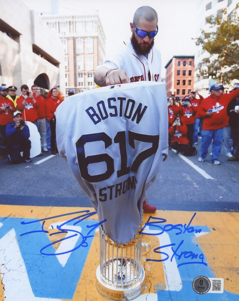 Jonny Gomes Signed Red Sox 8x10 Photo w/ Boston Strong Beckett W BAS COA