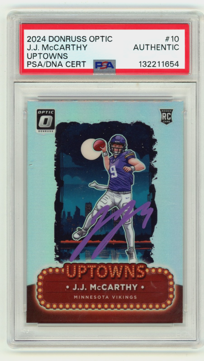J.J. McCarthy 2024 Donruss Optic #10 Uptowns Signed Prizm RC PSA Authentic Auto