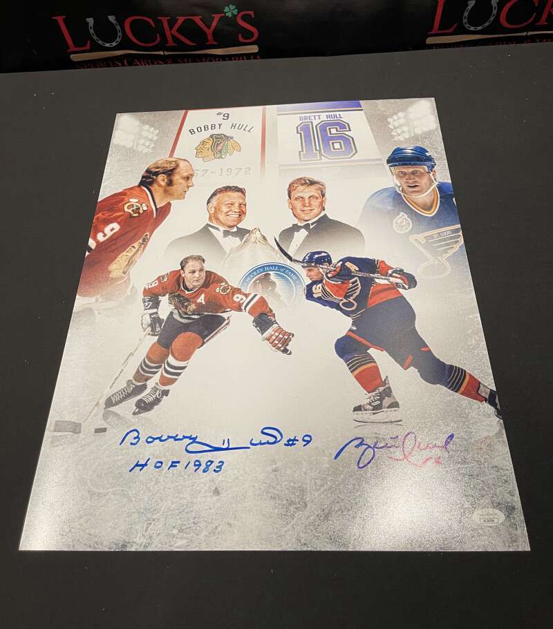 Bobby & Brett Hull Dual Signed Autographed 16x20 Photo w/ HOF Insc JSA COA