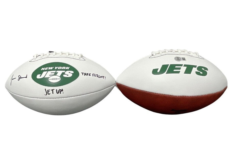 Jamien Sherwood Signed New York Jets White Football w/ 2x Ins Beckett W BAS COA