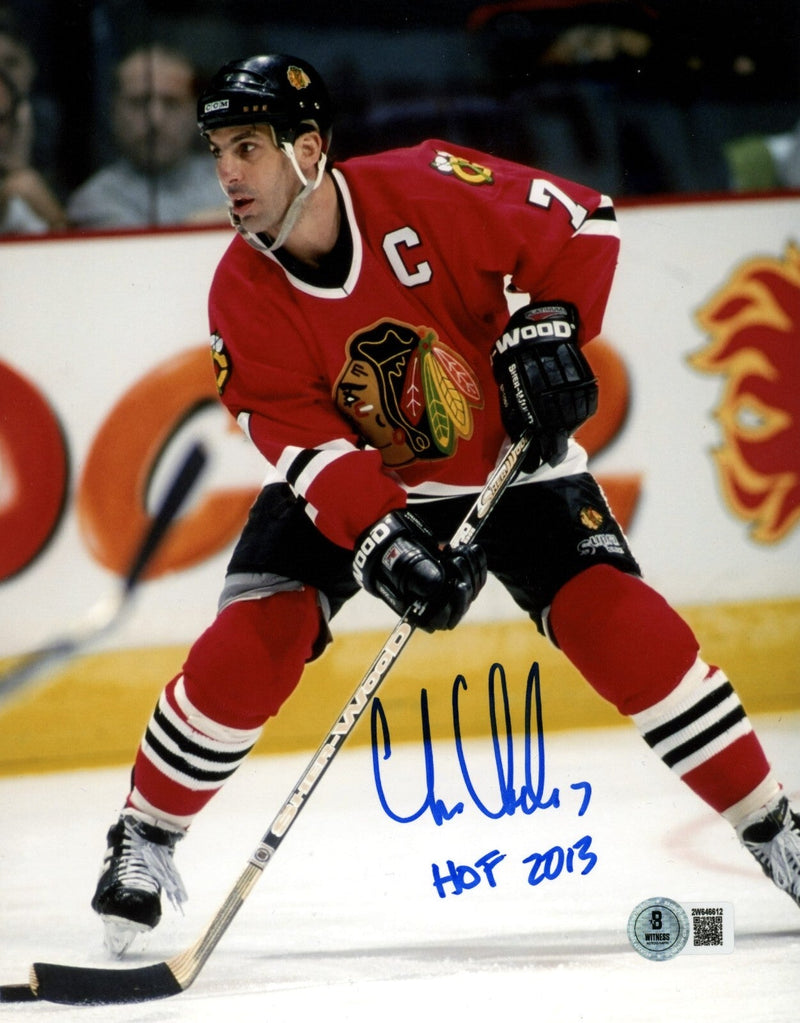 Chris Chelios Signed Auto Blackhawks 8x10 Photo w/ HOF 2013 Beckett Wit BAS COA