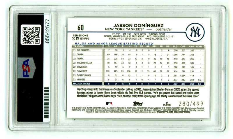Jasson Dominguez 2024 Topps #60 Green Foilboard RC /499 PSA Authentic Auto