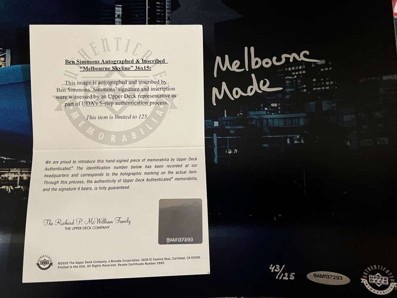 Ben Simmons Signed 36x15 Photo Melbourne Skyline Made Insc. 43/125 UDA COA