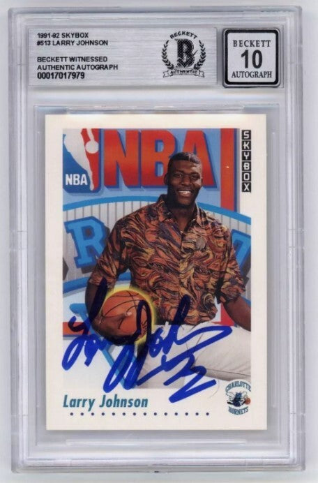 Larry Johnson 1991-92 Skybox #513 Rookie RC Signed Beckett BAS BGS 10 Auto