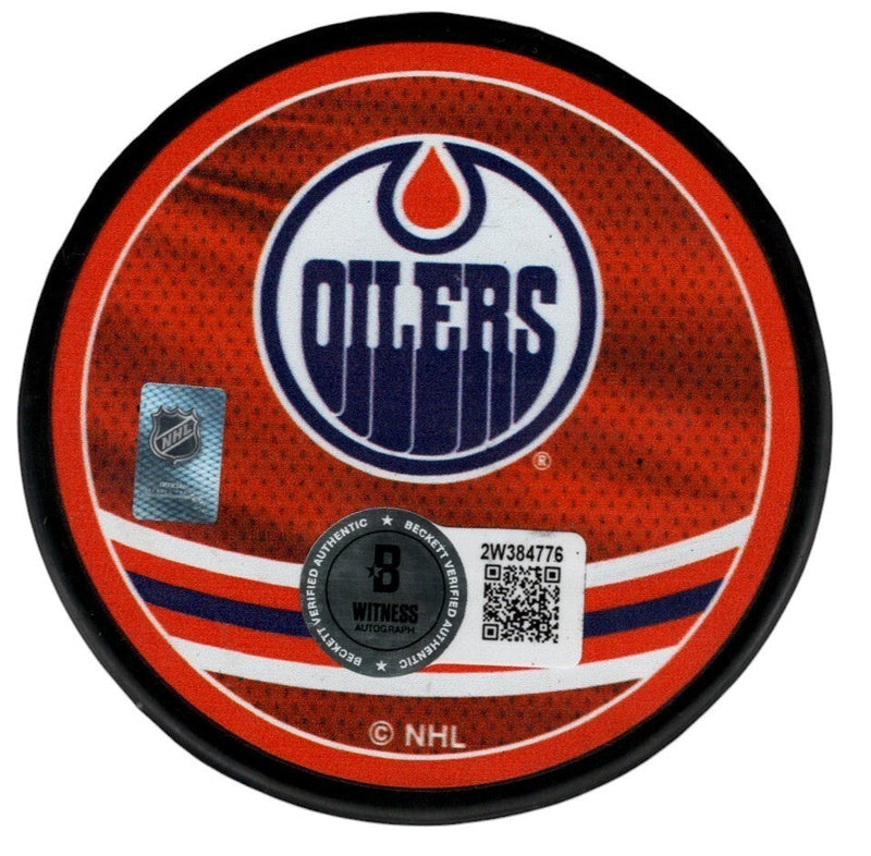 Grant Fuhr Signed Oilers Reverse Retro Puck w/ HOF 03 Beckett Witness BAS COA