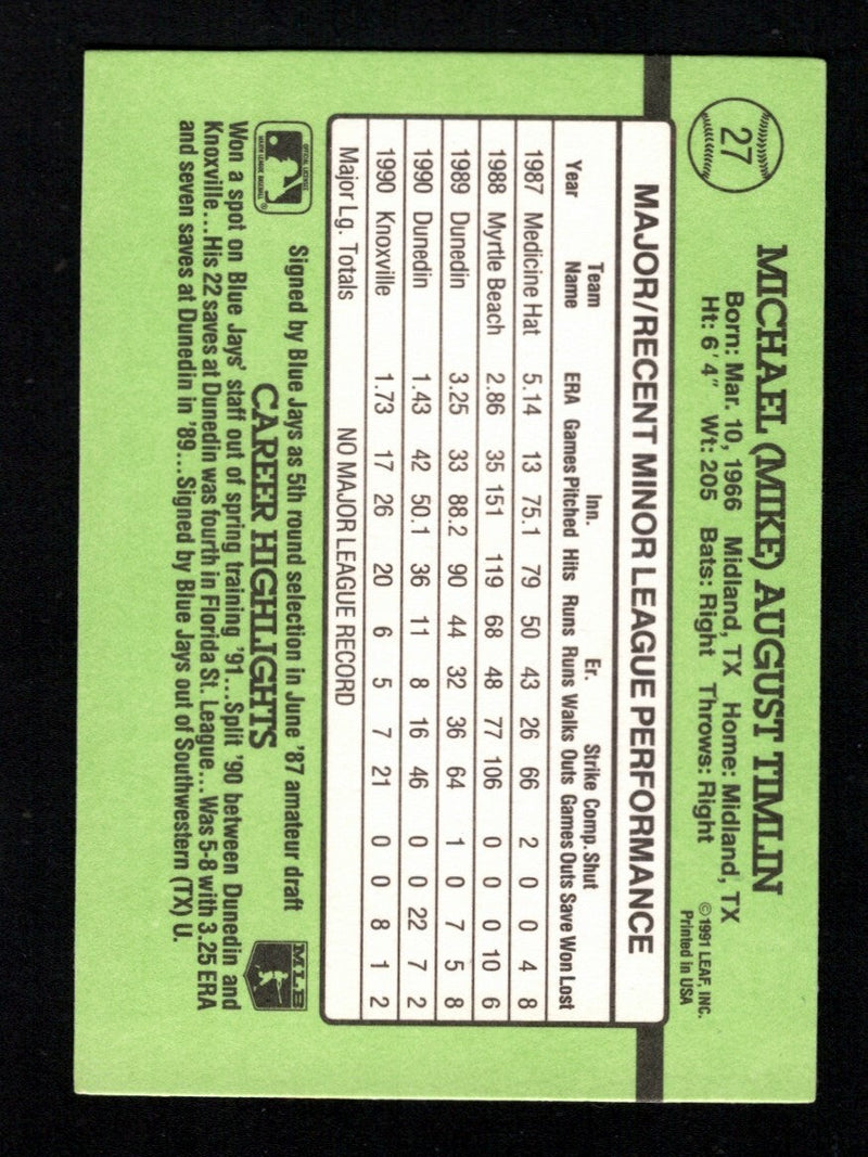 Mike Timlin Signed Auto 1991 Donruss The Rookies RC #27 LSCM COA Blue Jays