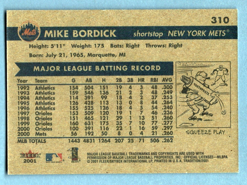 Mike Bordick Signed Autographed 2001 Fleer Tradition #310 LSCM COA New York Mets