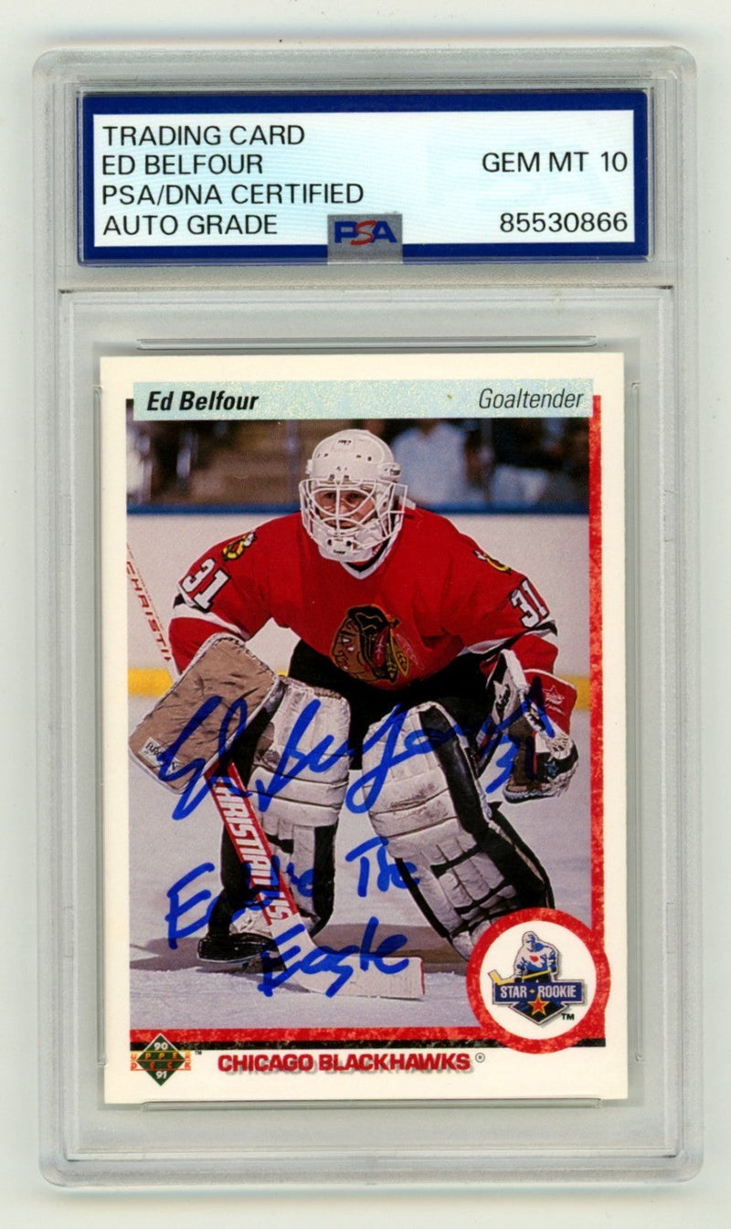 Ed Belfour 1990-91 Upper Deck #55 Signed RC w/ Eddie The Eagle Ins PSA 10 Auto