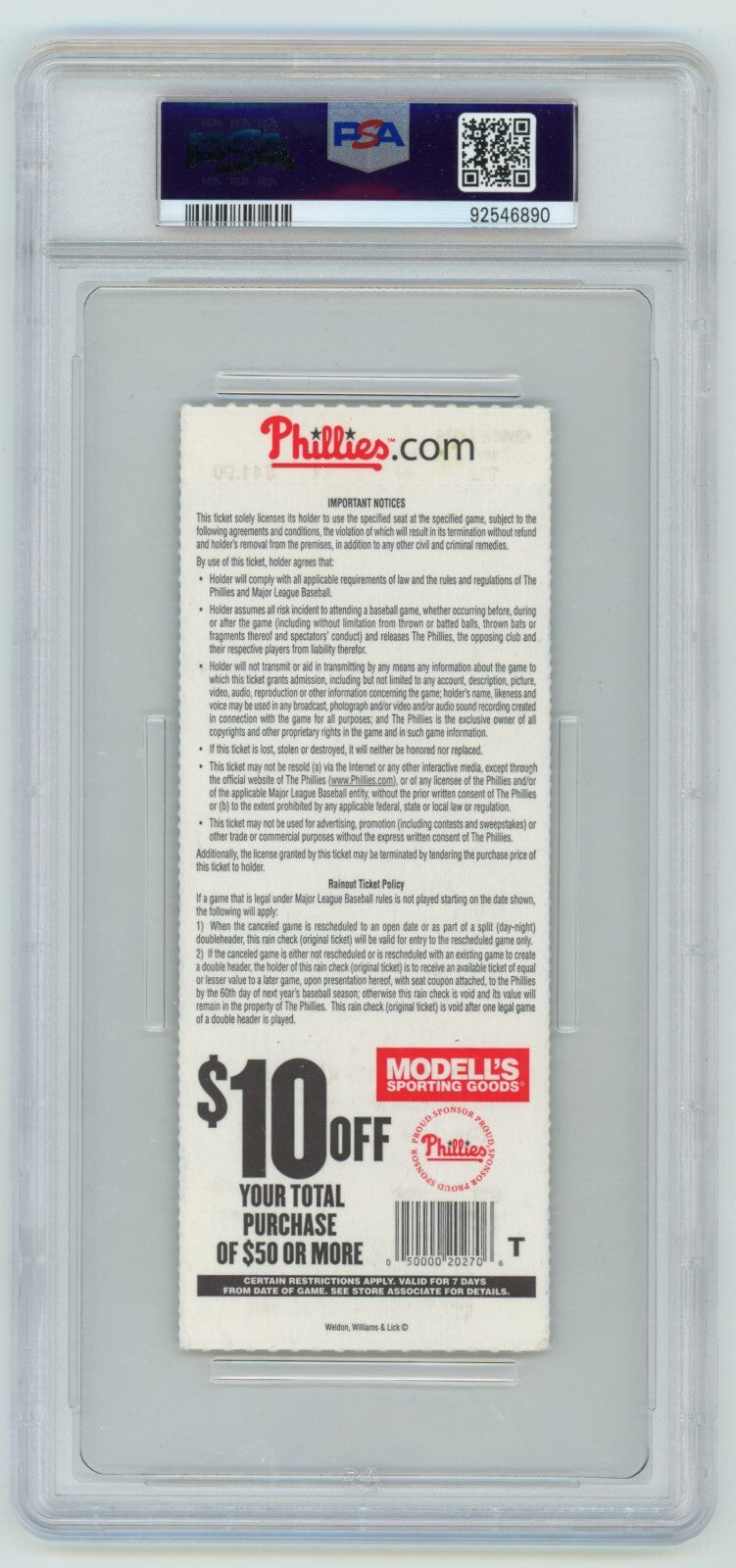Craig Kimbrel Signed MLB Debut & 1st Strikeout Season Ticket PSA 10 Auto Braves