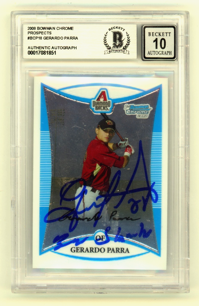 Gerardo Parra 2008 Bowman Chrome 1st Signed RC w/ Baby Shark Insc. BGS 10 Auto