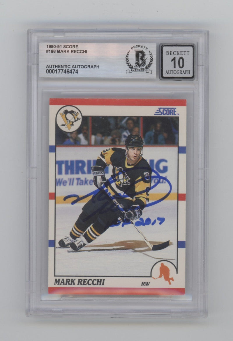 Mark Recchi 1990-91 Score #186 RC Signed w/HOF 2017 Beckett BGS 10 Auto
