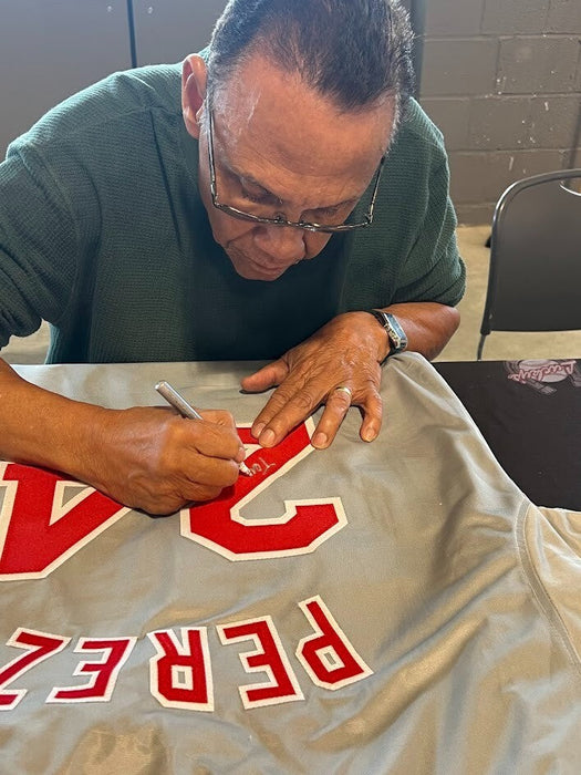 Tony Perez Signed Reds Custom Jersey w/ 2 Ins Beckett Witness BAS COA