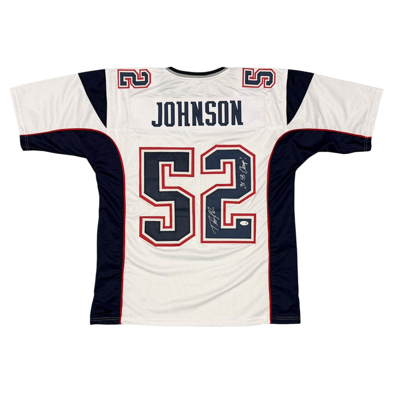 Ted Johnson Signed Patriots Custom Jersey w/ 3x SB Champ JSA Witness COA
