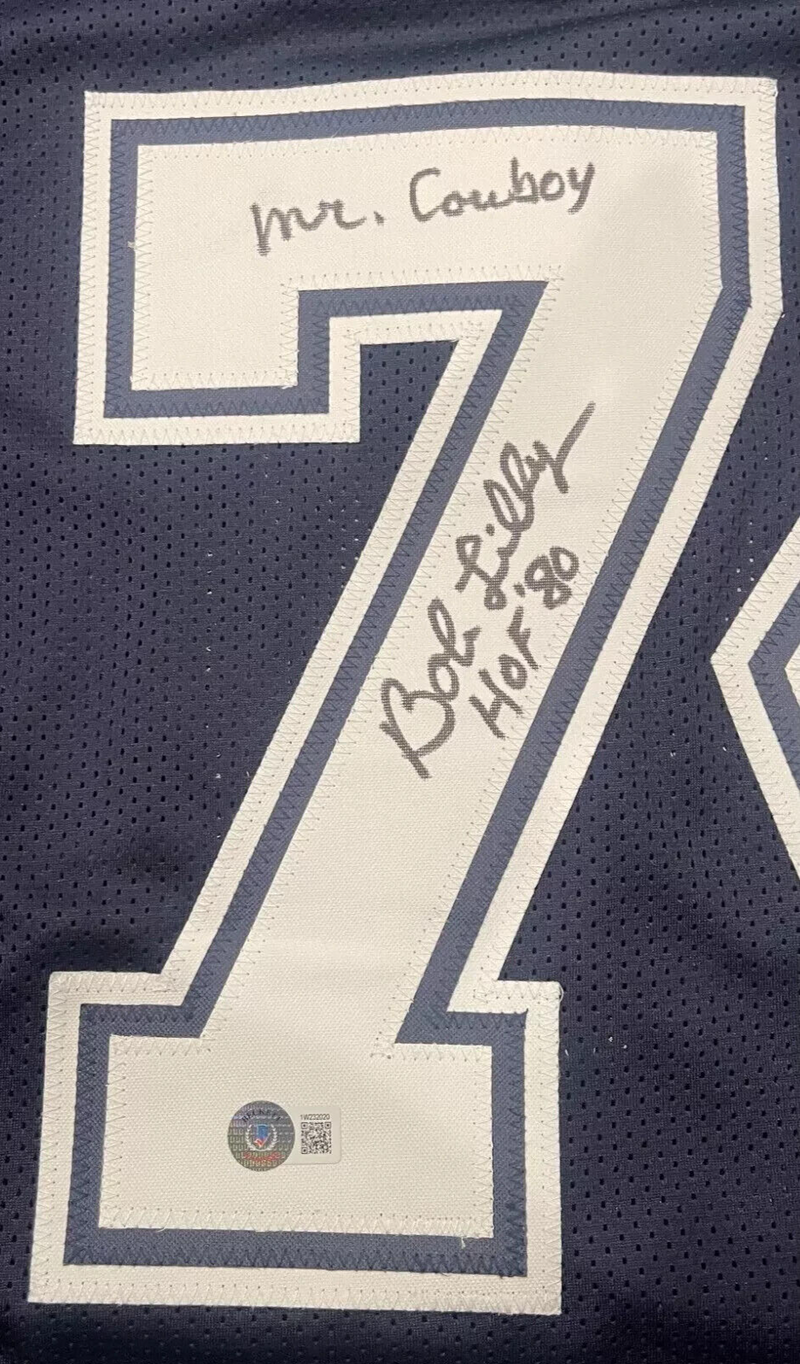 Bob Lilly Signed Dallas Cowboys Navy Custom Jersey w/ 4 Ins Beckett Wit BAS COA