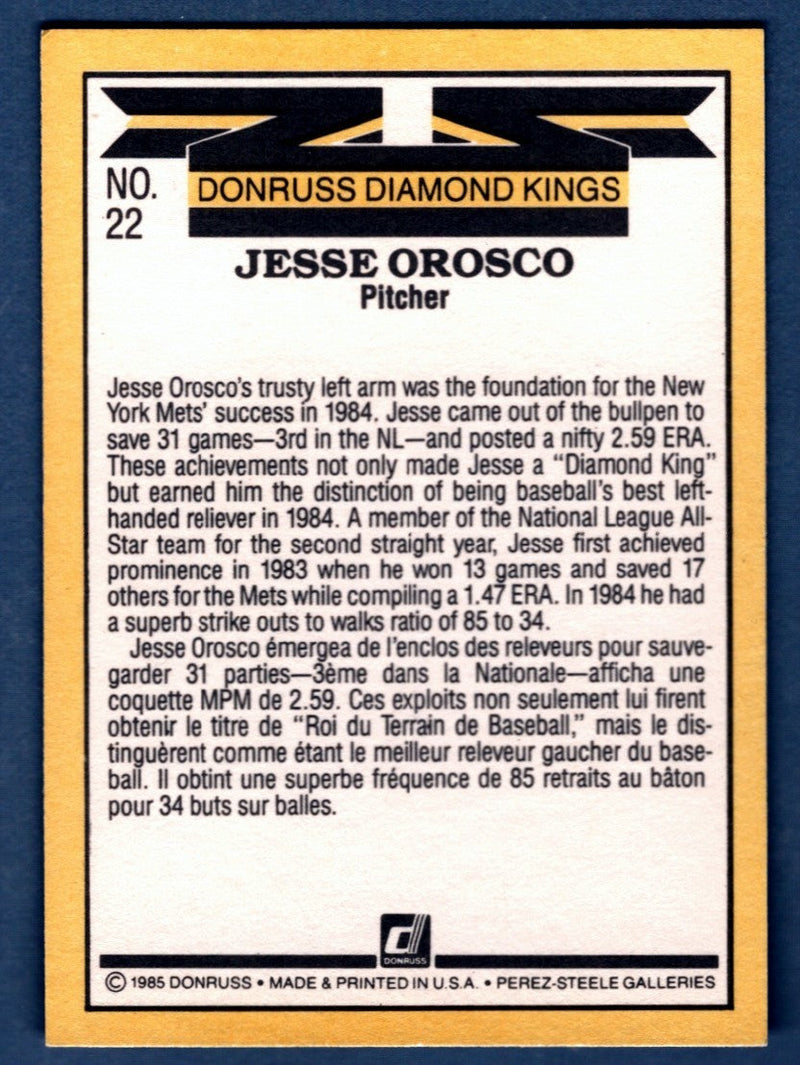 Jesse Orosco Signed 1985 Donruss Diamond Kings #22 LSCM COA New York Mets